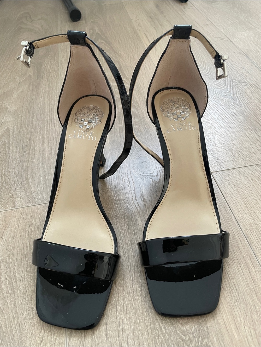 Vince Camuto Black Patent Ankle-Strap Square-Toe Heels